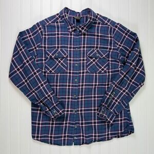 Eddie Bauer Womens Plaid Flannel Shirt Blue Purple Green Long Sleeve Button Up L